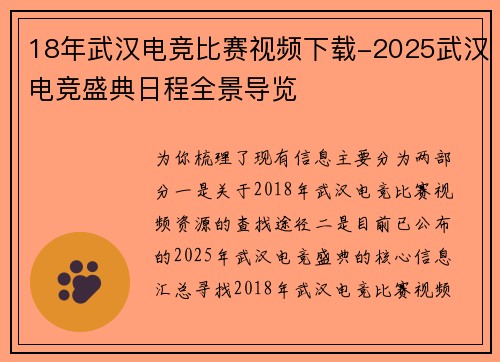 18年武汉电竞比赛视频下载-2025武汉电竞盛典日程全景导览