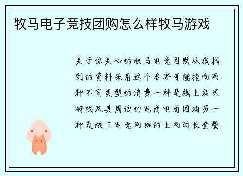 牧马电子竞技团购怎么样牧马游戏